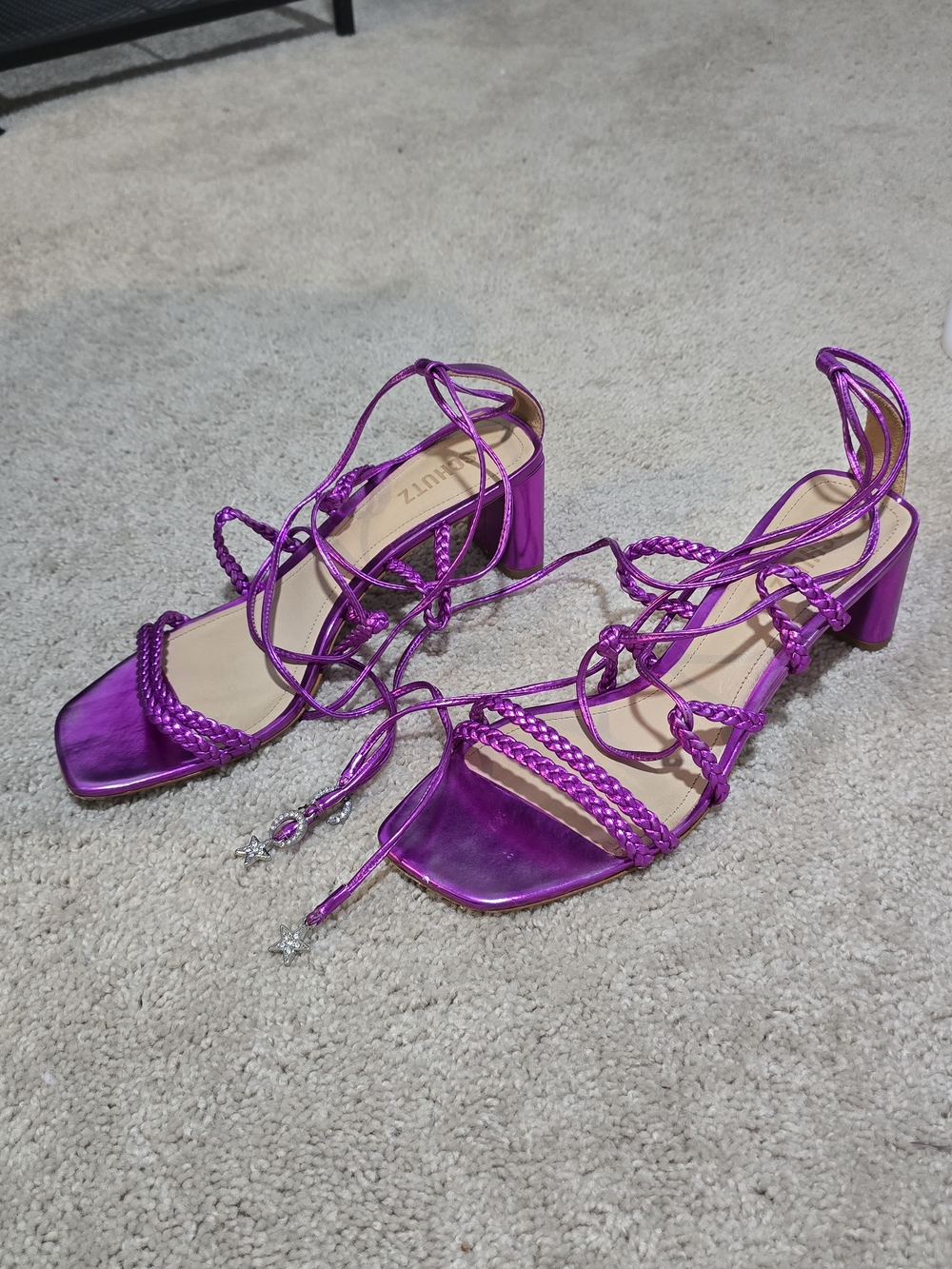 SCHUTZ Metallic Purple Lace-Up Block Heel Sandals
